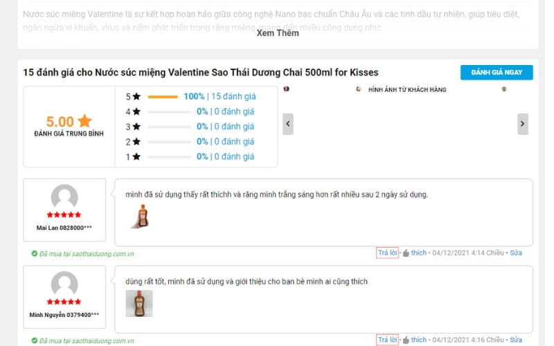 Đánh giá của khách hàng về nước súc miệng Valentine trên Website